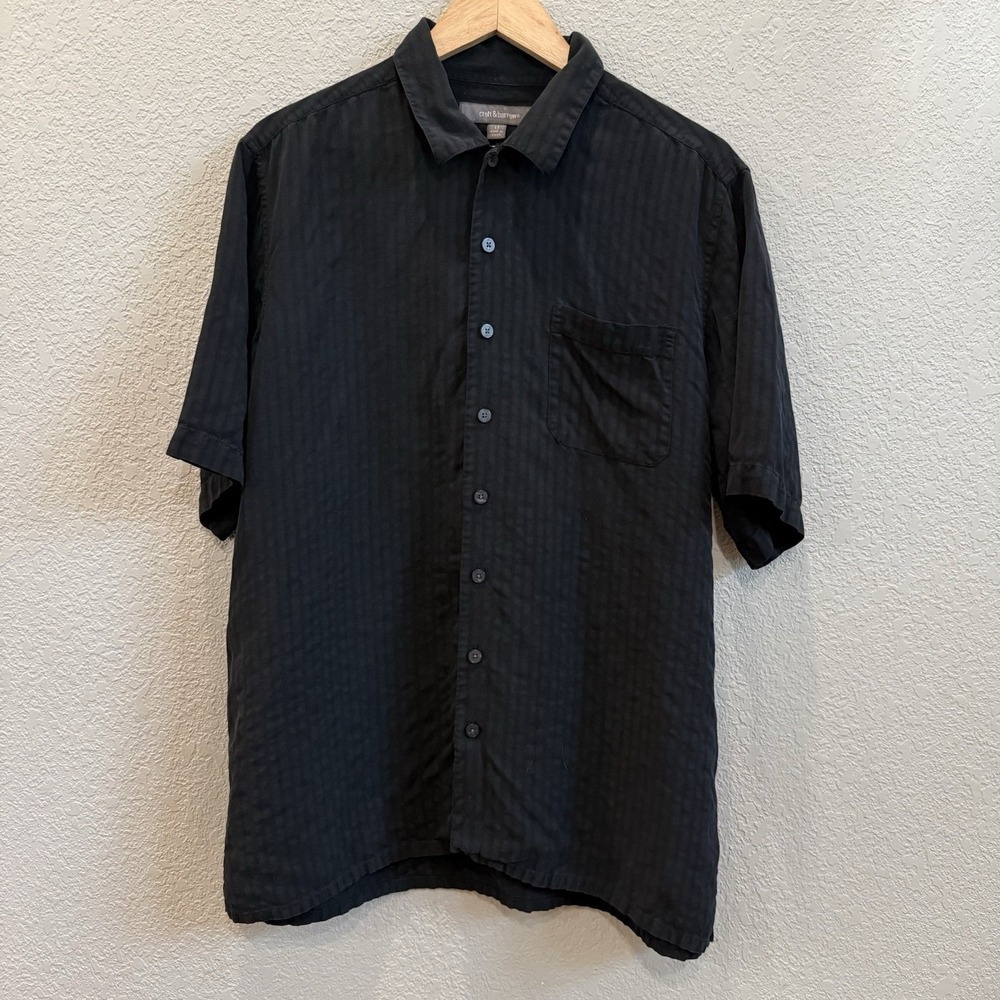 Classic Croft & Barrow Black Striped/Patterned Camp Shirt 100% Silk Large Tall